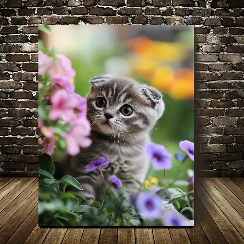 Cute Scottish Fold Kitten with Flowers Painting 40x60cm Metal Print Ready to Hang