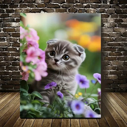 Cute Scottish Fold Kitten with Flowers Painting 40x60cm Metal Print Ready to Hang