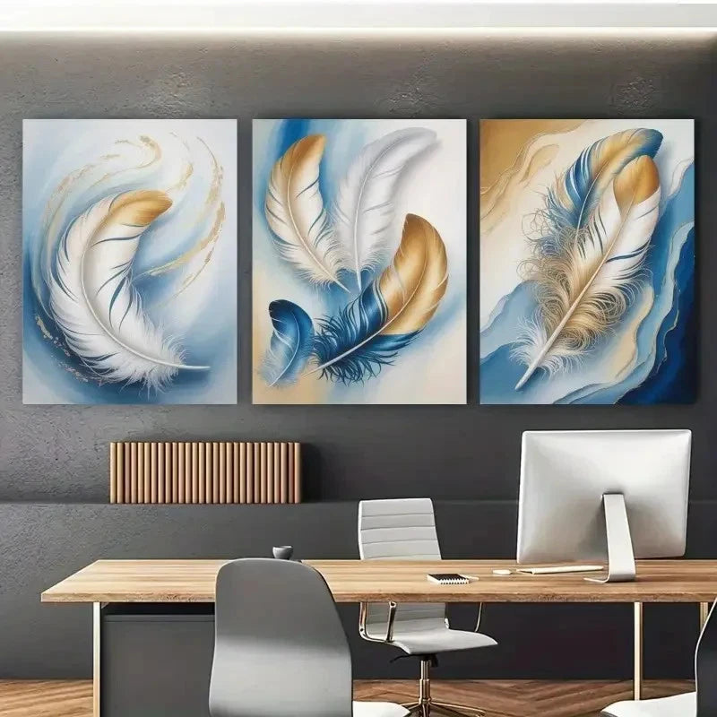 3pcs Abstract Feather Blue Golden White Black Metal Print Ready to Hang Art - Bella Home Decor