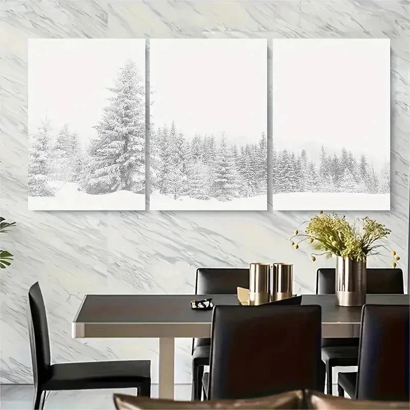 3pcs Snowy Landscape with Tall Evergreen Trees Metal Print Ready to Hang Art
