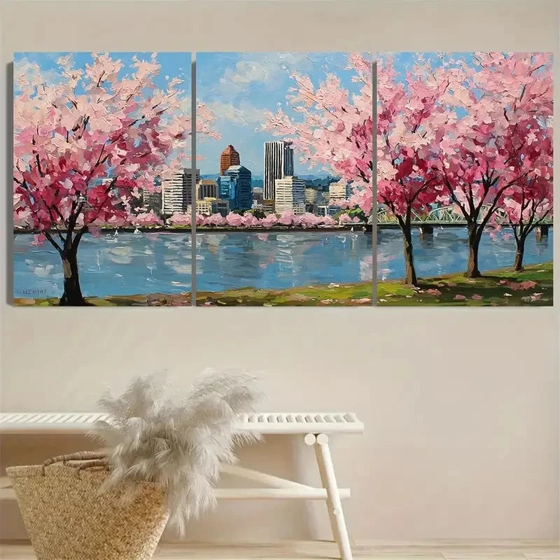 3pcs Cherry Blossoms Cityscape Sakura Artwork Wall Art Set Canvas Framed 60x90cm - High Quality Print 100% Australian Made Wall Canvas Ready to Hang - Bella Home Decor