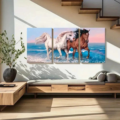 3pcs Seaside Scene with White and Brown Horses Wall Art Set Canvas Framed 60x90cm - High Quality Print 100% Australian Made Wall Canvas Ready to Hang