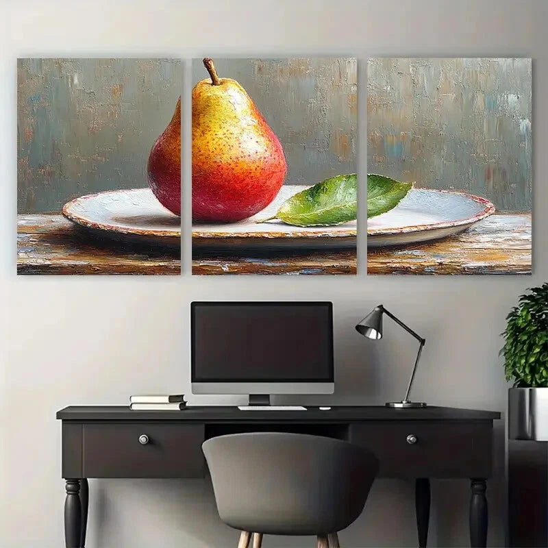 3pcs Pear on a Plate with a Leaf Metal Print Ready to Hang Art - Bella Home Decor