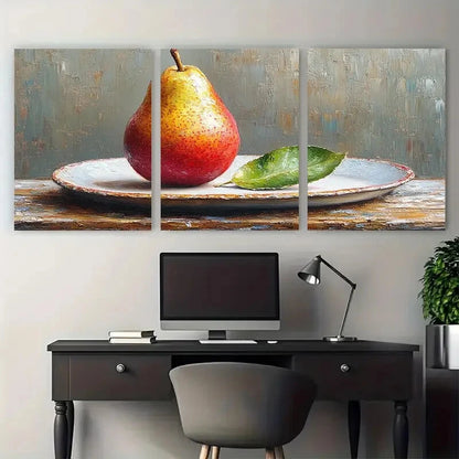 3pcs Pear on a Plate with a Leaf Metal Print Ready to Hang Art - Bella Home Decor
