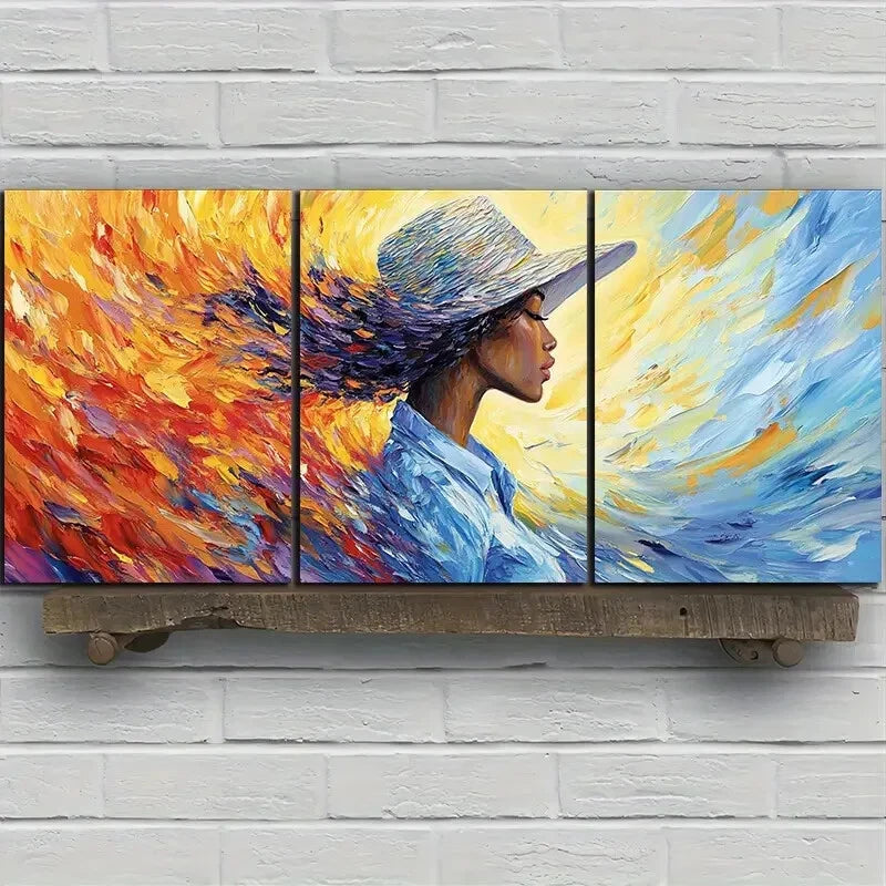 3pcs Elegant Trio Chic Woman in Sun Hat Metal Print Ready to Hang Art - Bella Home Decor