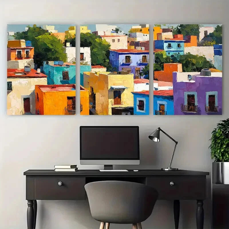3pcs Vibrant Mexico Cityscape Bright Houses Metal Print Ready to Hang Art - Bella Home Decor