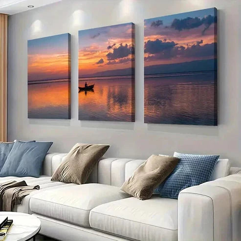 3pcs Tranquil Sunset & Boat on a Lake Art Set Canvas Unframed - High Quality Print 100% Australian Made Wall Canvas
