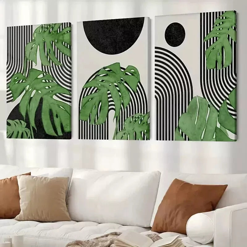 3pcs Geometric Monstera Leaf Wall Art Set Canvas Framed 50x70cm - High Quality Print 100% Australian Made Wall Canvas Ready to Hang
