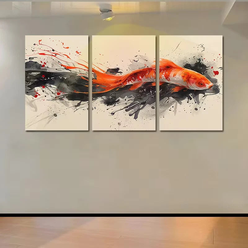 3pcs Koi Fish in Black & Orange Ink Splashes Wall Art Set Canvas Framed 50x70cm - High Quality Print 100% Australian Made Wall Canvas Ready to Hang