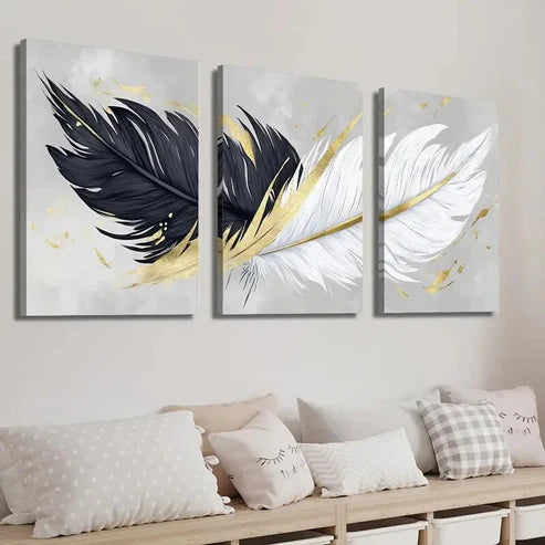 3pcs Abstract Black And White Golden Feather Wall Art Set Canvas Unframed - High Quality Print 100% Australian Made Wall Canvas - Bella Home Decor
