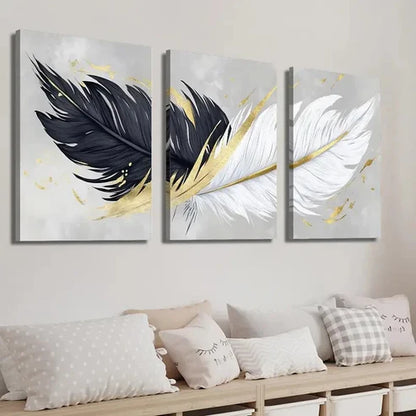 3pcs Abstract Black And White Golden Feather Wall Art Set Canvas Unframed - High Quality Print 100% Australian Made Wall Canvas - Bella Home Decor