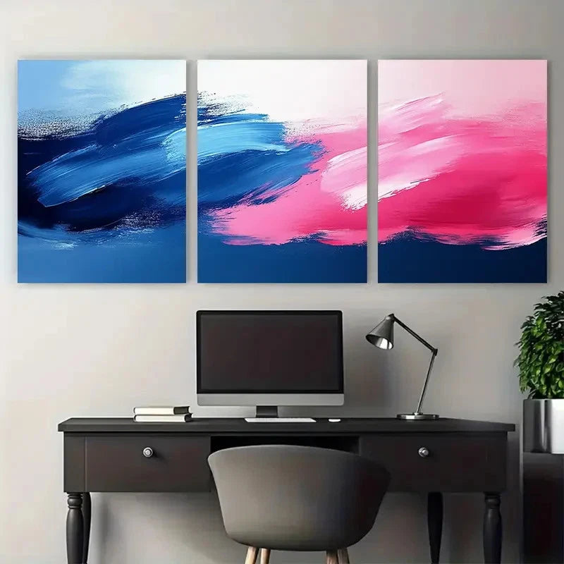 3pcs Abstract Blue Pink Brushstroke Design Metal Print Ready to Hang Art - Bella Home Decor