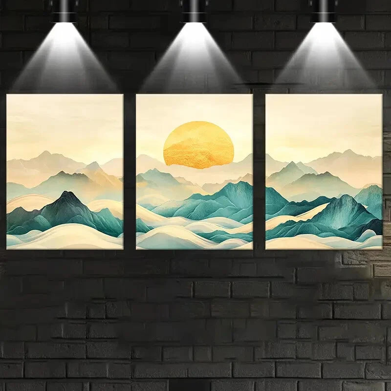 3pcs Serene Green Mountain Sunset Metal Print Ready to Hang Art - Bella Home Decor