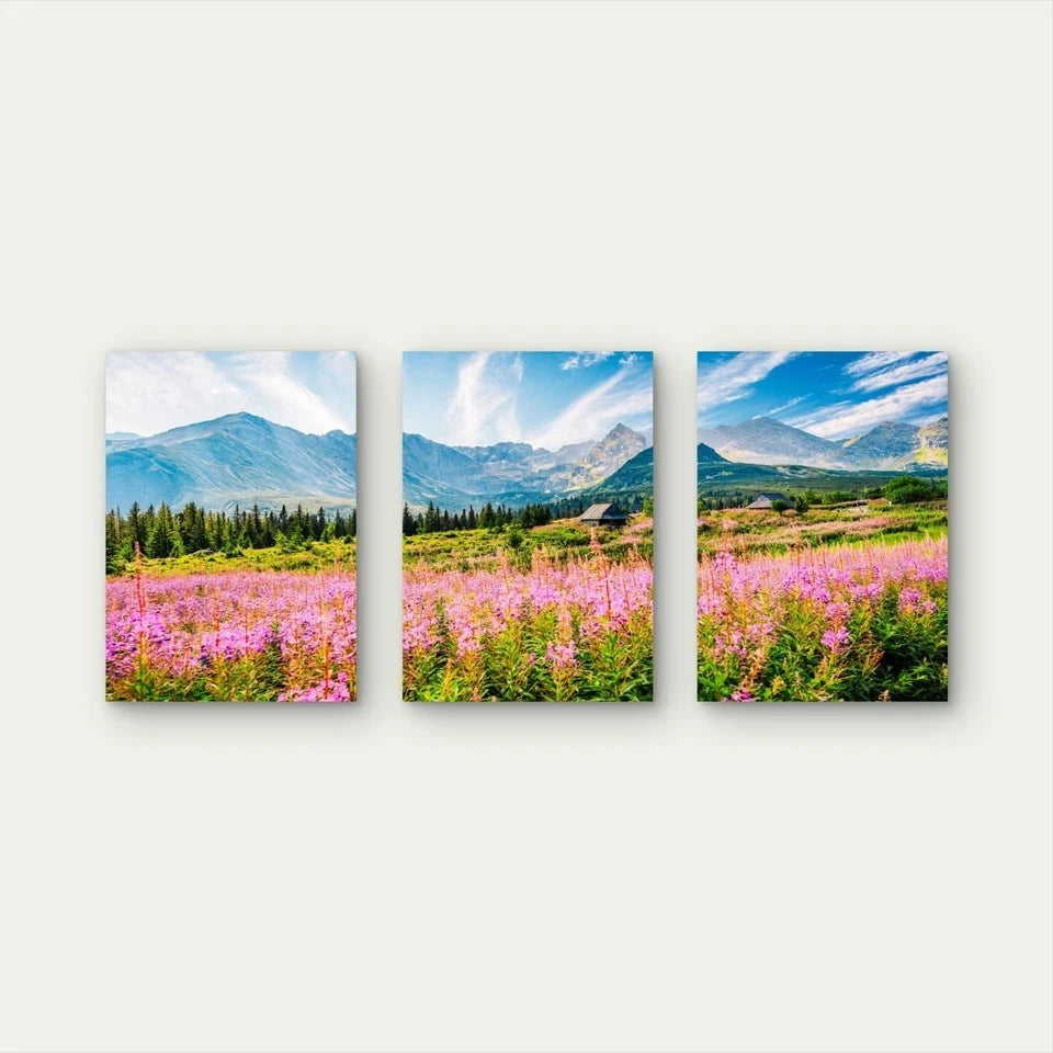3pcs Purple Wildflowers In Mountain Valley Wall Art Set Canvas Framed 50x70cm - High Quality Print 100% Australian Made Wall Canvas Ready to Hang