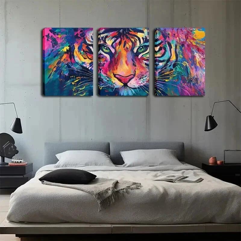 3pcs Vibrant Tiger Head Triptych Color Perfect Wall Art Set Canvas Framed 60x90cm - High Quality Print 100% Australian Made Wall Canvas Ready to Hang - Bella Home Decor