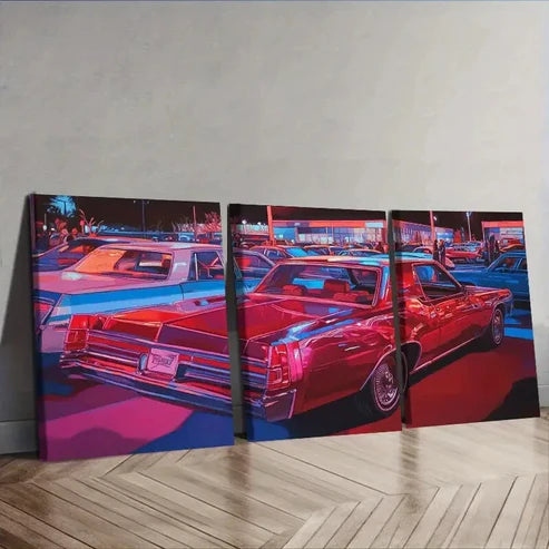 3pcs Vibrant Red & Blue Classic Cars in Night Wall Art Canvas Unframed - High Quality Print 100% Australian Made Wall Canvas