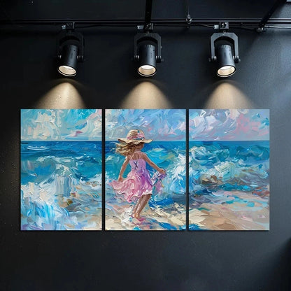 3pcs Girl in Pink Running on The Beach Metal Print Ready to Hang Art
