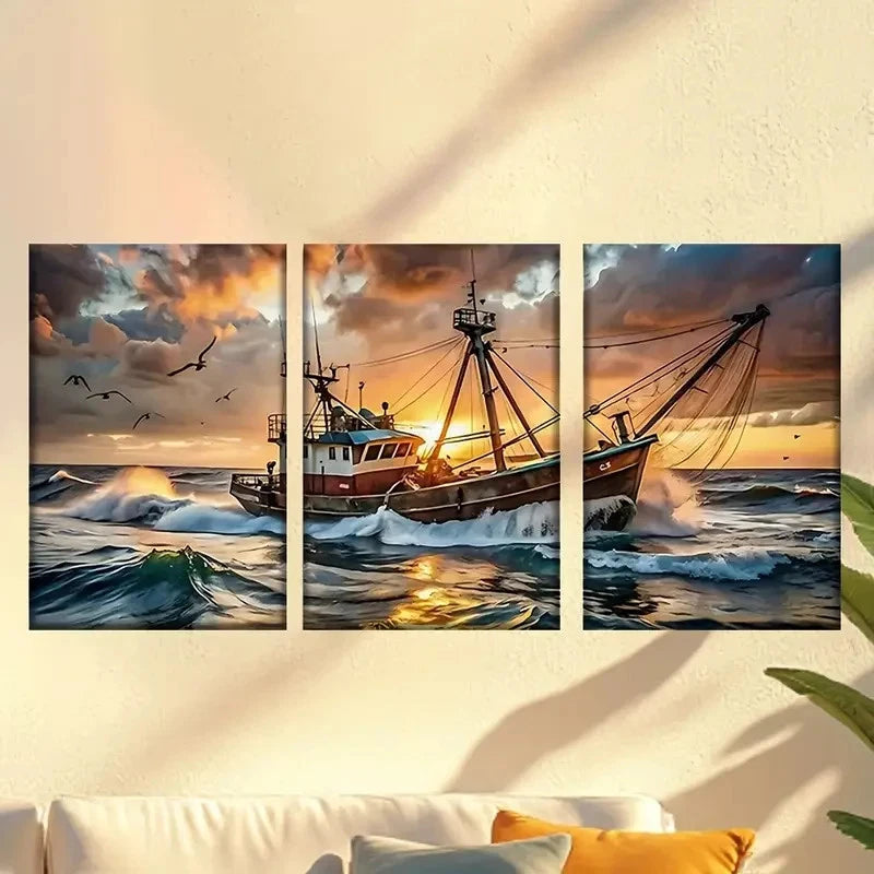3pcs a boat in the ocean Wall Art Set Canvas Framed 60x90cm - High Quality Print 100% Australian Made Wall Canvas Ready to Hang - Bella Home Decor