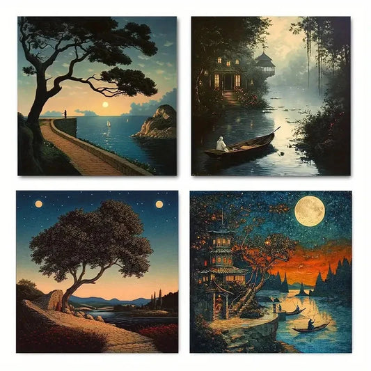 4pcs Tranquil River Scenes with Boats Wall Art Canvas Framed