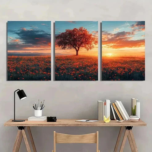 3pcs Home Relaxation Sunset Meadow Landscape Wall Art Set Canvas Unframed - High Quality Print 100% Australian Made Wall Canvas