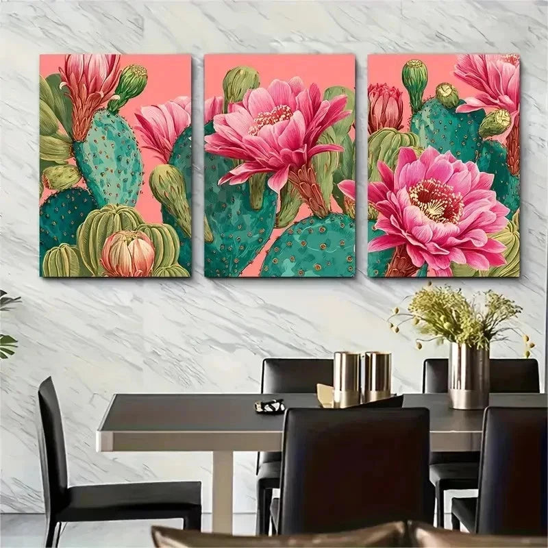 3pcs Bohol Cactus & Pink Flower Perfect Wall Art Set Canvas Framed 50x70cm - High Quality Print 100% Australian Made Wall Canvas Ready to Hang - Bella Home Decor