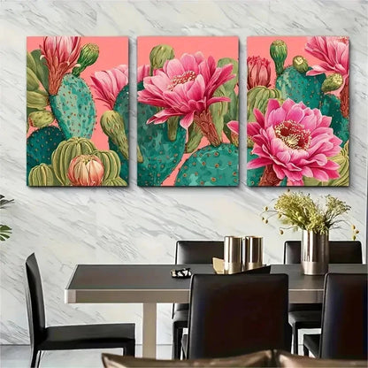 3pcs Bohol Cactus & Pink Flower Perfect Wall Art Set Canvas Framed 50x70cm - High Quality Print 100% Australian Made Wall Canvas Ready to Hang - Bella Home Decor