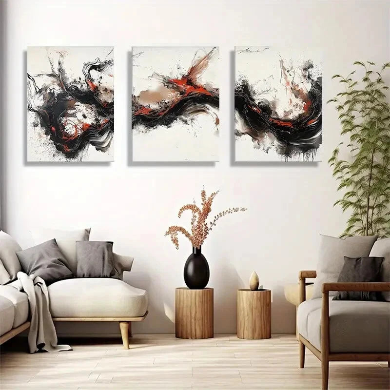 3pcs Dynamic Black Red and White Abstract Metal Print Ready to Hang Art - Bella Home Decor