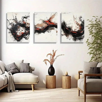 3pcs Dynamic Black Red and White Abstract Metal Print Ready to Hang Art - Bella Home Decor