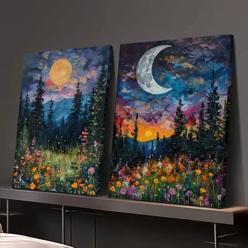 2pcs Vibrant Sun & Moon Floral Oil Paintings Canvas Framed 50x75cm - High Quality Print 100% Australian Made Wall Canvas Ready to Hang - Bella Home Decor