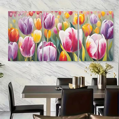 3pcs Vibrant Tulip Field Metal Print Ready to Hang Art