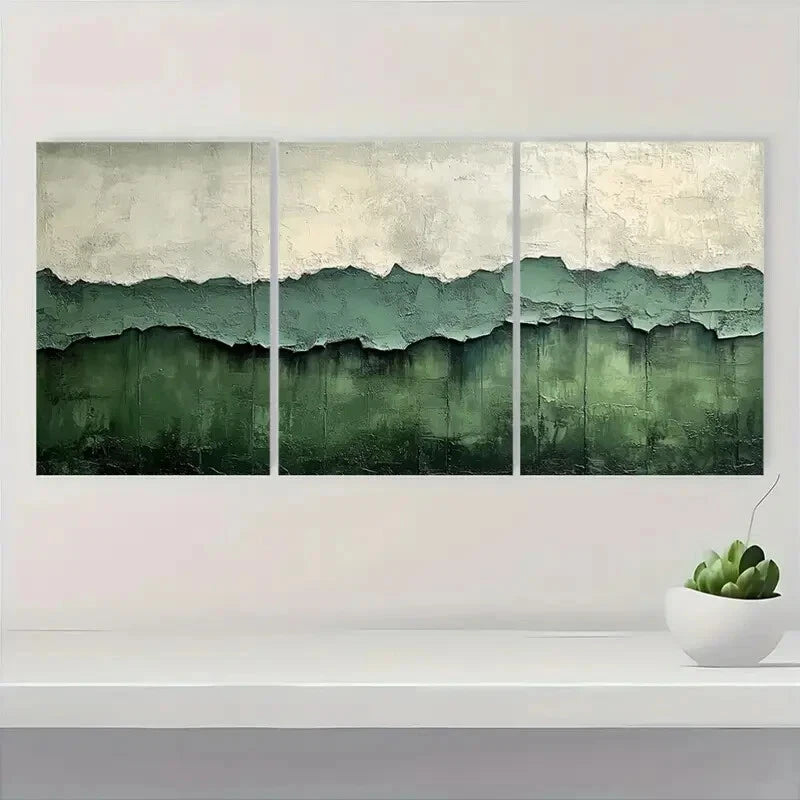 3pcs Abstract Green & White Textured Metal Print Ready to Hang Art - Bella Home Decor