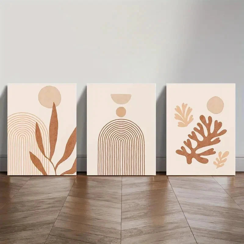3pcs Neutral Abstract Plants Bohemian Style Metal Print Ready to Hang Art - Bella Home Decor