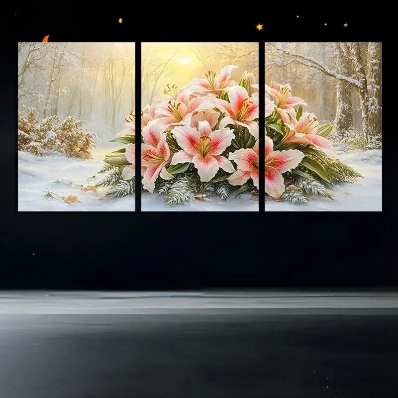 3pcs Vibrant Lily Flowers in the Snow Metal Print Ready to Hang Art - Bella Home Decor