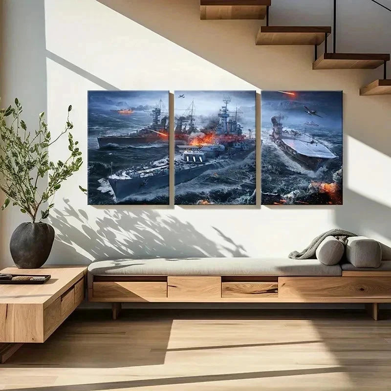 3pcs Military Theme Aircraft Carrier War Wall Art Set Canvas Framed 50x70cm - High Quality Print 100% Australian Made Wall Canvas Ready to Hang