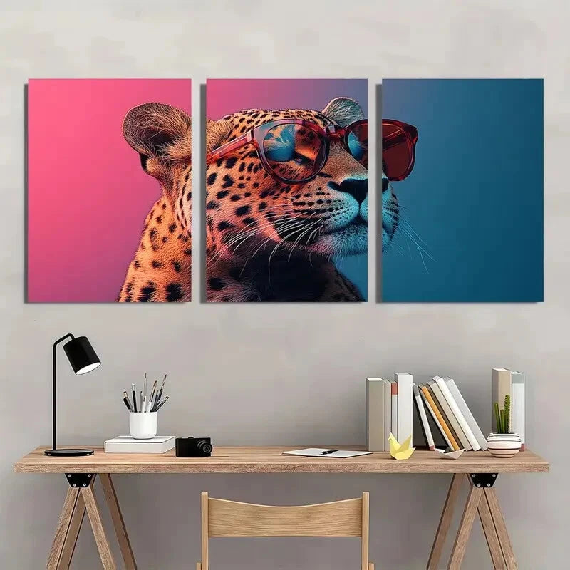 3pcs Vibrant Leopard Pink & Blue Fashion Glasses Metal Print Ready to Hang Art - Bella Home Decor