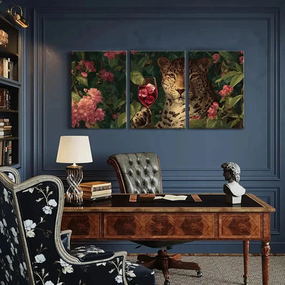 3pcs Leopard with Wine Glass Floral Surroundings Metal Print Ready to Hang Art - Bella Home Decor