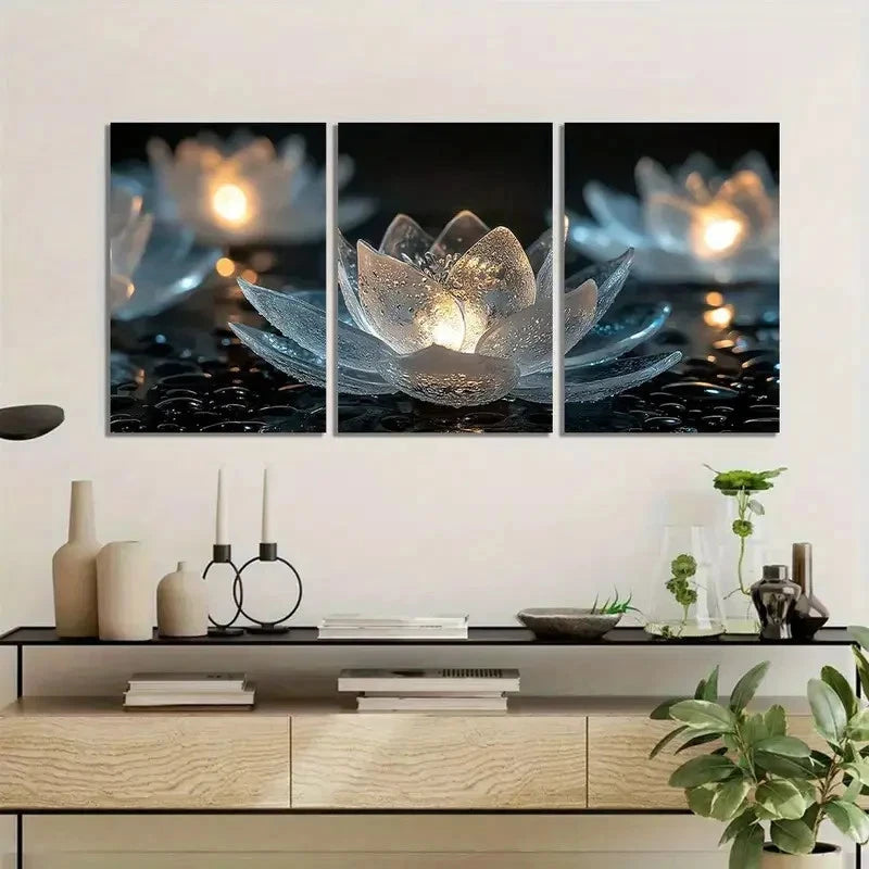 3pcs Glowing for Lotus Flowers in Glass Metal Print Ready to Hang Art - Bella Home Decor