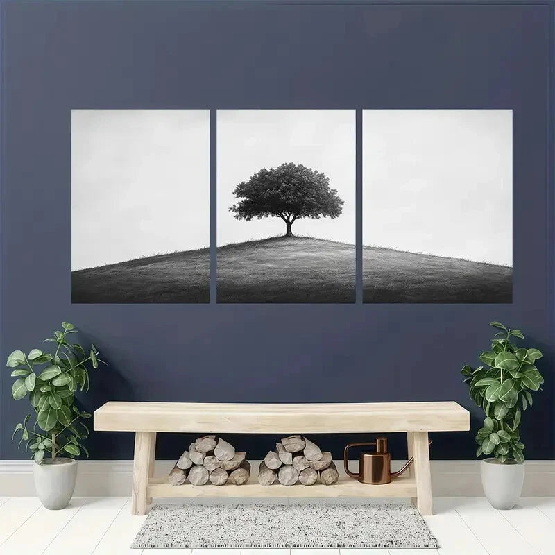 3pcs Black and White Sketch Tree Landscape Metal Print Ready to Hang Art - Bella Home Decor