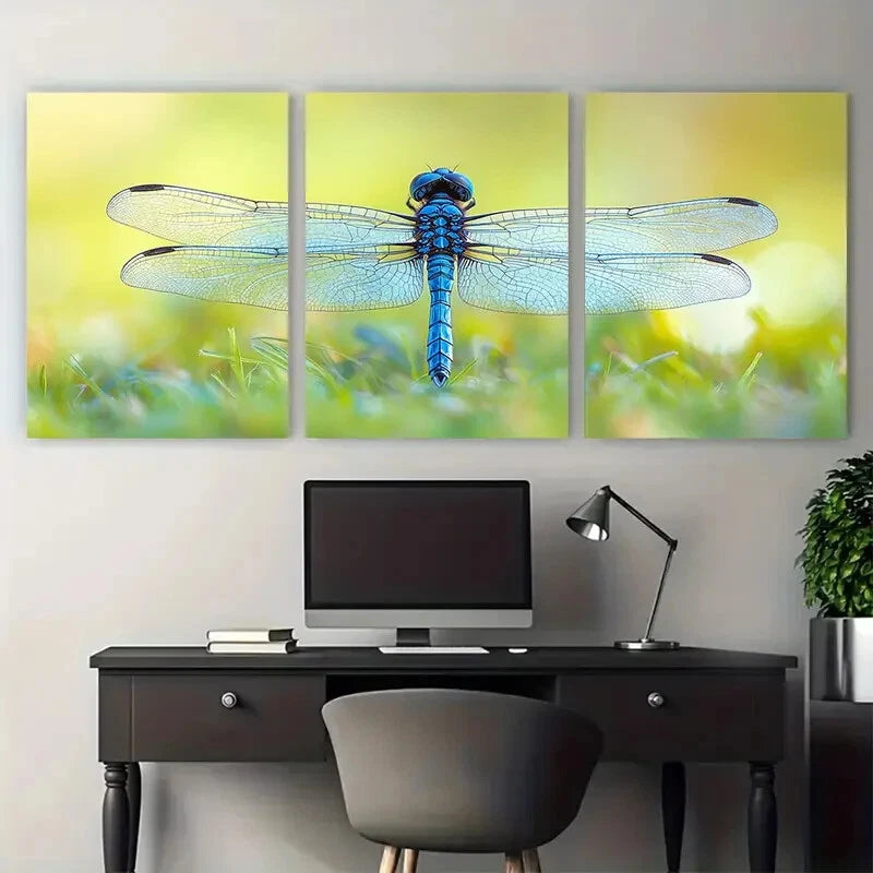 3pcs Stunning Blue Clear Dragonfly on Grass Metal Print Ready to Hang Art - Bella Home Decor