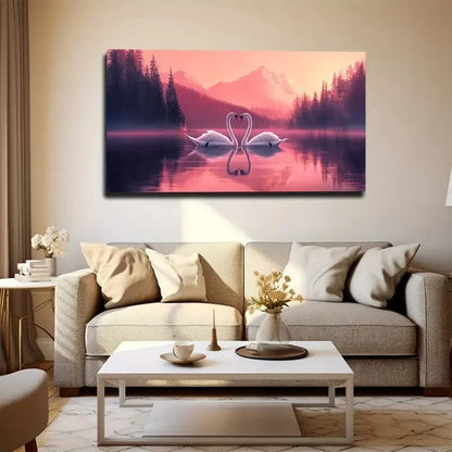 Living room with a large wall art of swans on a lake with mountains.