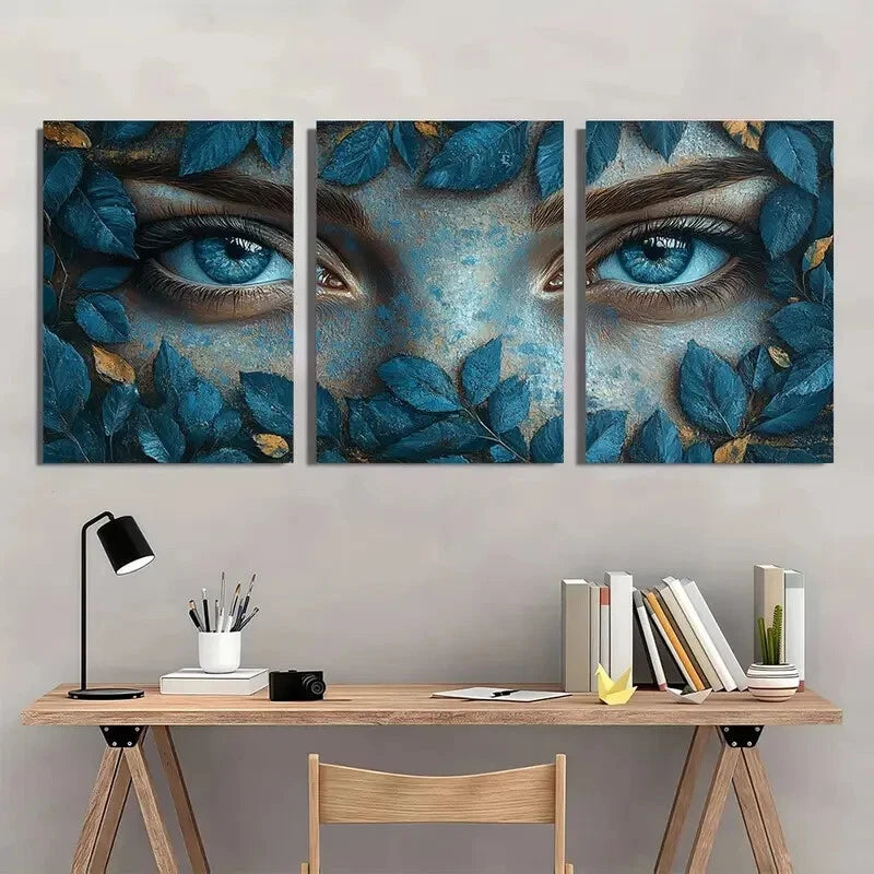 3pcs Mystical Blue Eyed Woman Leaf & Flower Metal Print Ready to Hang Art - Bella Home Decor