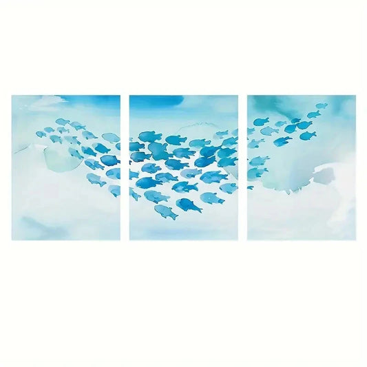 3pcs Blue Minnows School Swimming Abstract Animal Metal Print Ready to Hang Art
