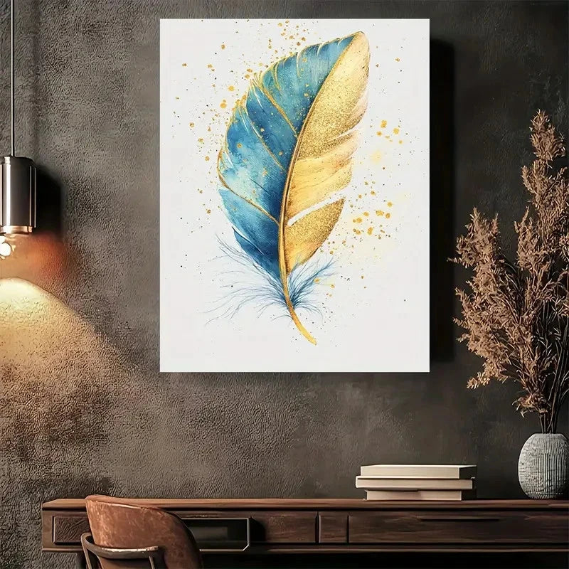 Beautiful Golden Blue Feather Modern Painting 40x60cm Metal Print Ready to Hang - Bella Home Decor