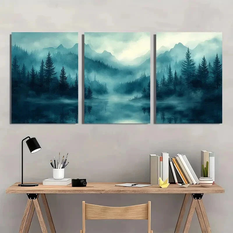 3pcs Foggy Forest Landscape Watercolor Art Metal Print Ready to Hang Art - Bella Home Decor