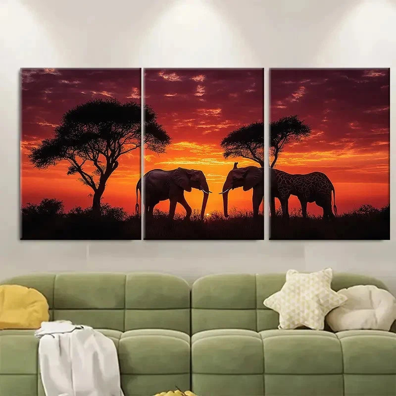 3pcs African sunset Elephant RO  Wall Art Set Canvas Framed 50x70cm - High Quality Print 100% Australian Made Wall Canvas Ready to Hang - Bella Home Decor