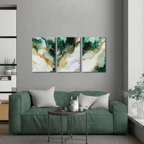 3pcs Green, Golden & White Swirls Wall Art Set Canvas Unframed - High Quality Print 100% Australian Made Wall Canvas