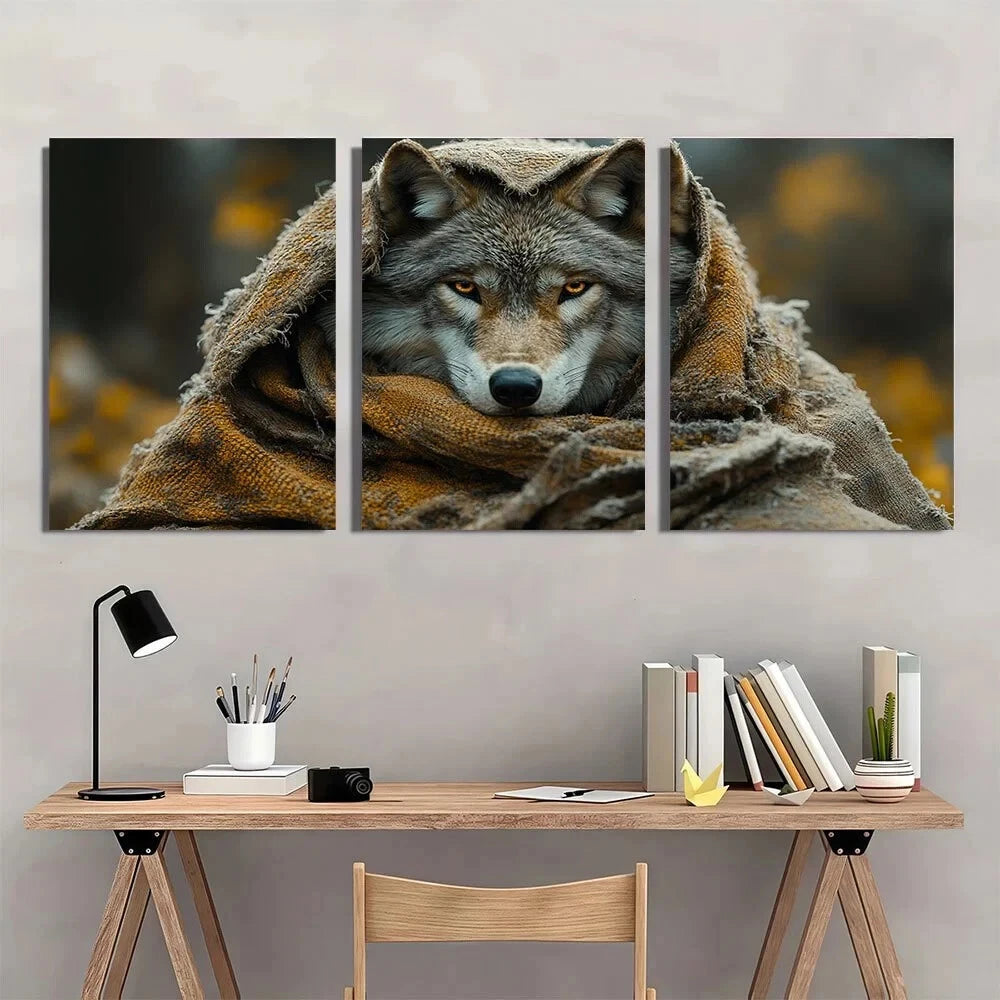 3pcs Wolf Woven Throw Blanket Earthy Metal Print Ready to Hang Art - Bella Home Decor