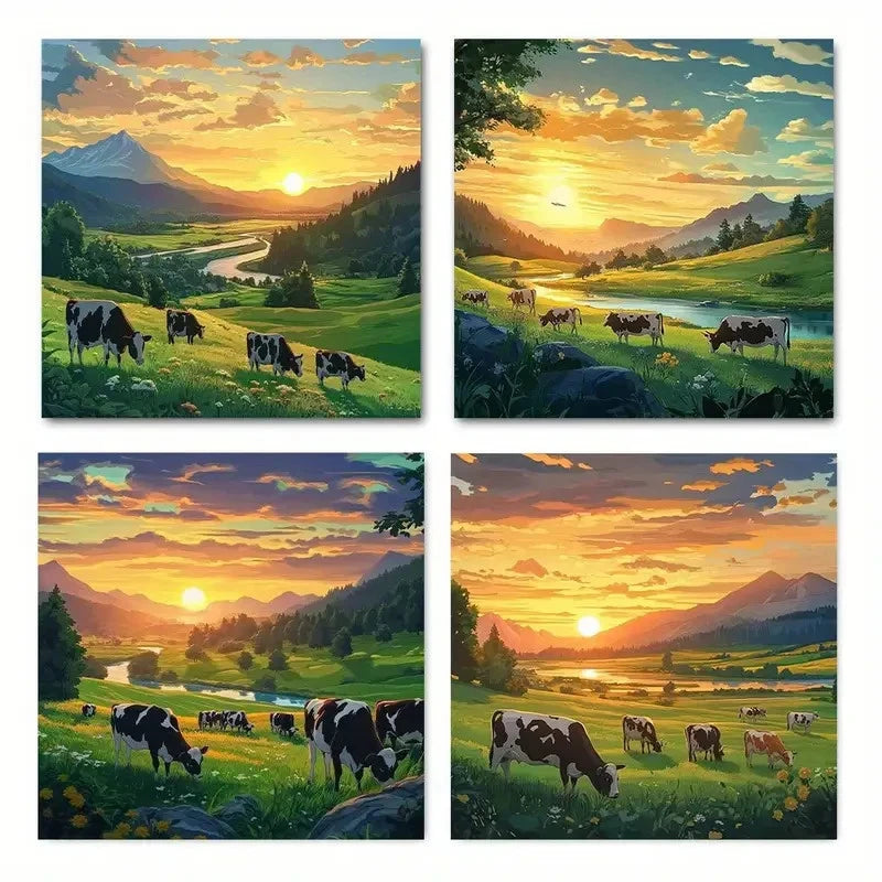4pcsSunrise View fields and meadowsWall Art Canvas Framed
