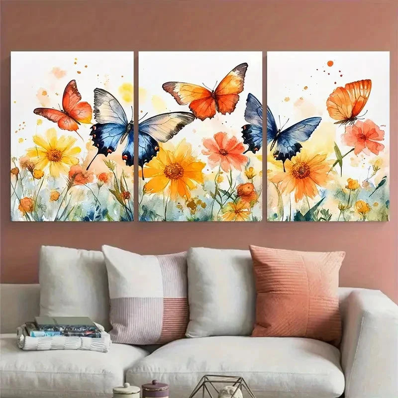 3pcs Vibrant Serene Summer Meadow with Butterflies Metal Print Ready to Hang Art