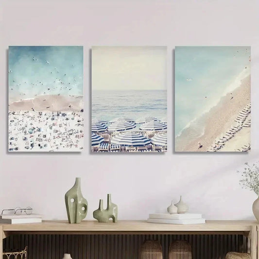 3pcs Beach Umbrellas, Blue And White Wall Art Set Canvas Framed 40x60cm - High Quality Print 100% Australian Made Wall Canvas Ready to Hang